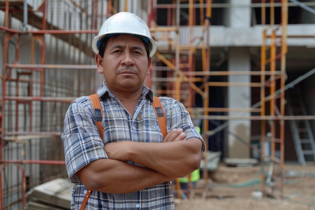 Hispanic Bauarbeiter benutzt ein Handy auf der Baustelle