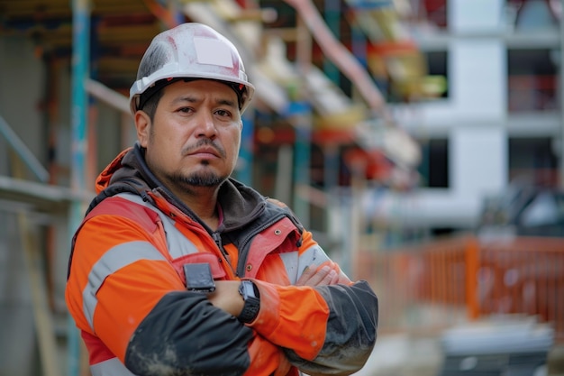 Hispanic Bauarbeiter benutzt ein Handy auf der Baustelle