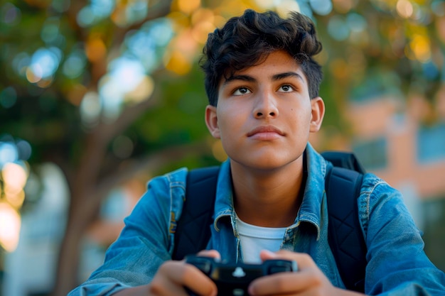 Hispanic Student Gamer mit Rucksack an der Universität Ein junger Teenager digitale Flucht