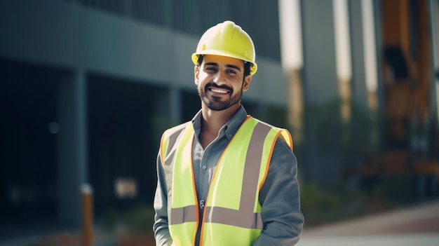 Hispanischer Bauingenieur mit lächelndem Hintergrund aus dem Baugewerbe, Verwendung für Bannerabdeckung. Erfolg beim Erreichen des Projektziels. Hübscher Arbeiter aus dem Nahen Osten