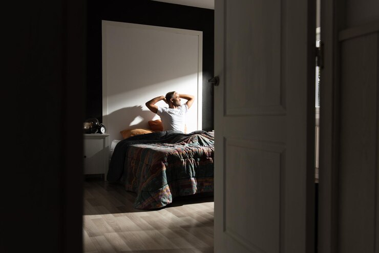 Hispanischer Mann, der sich morgens im Schlafzimmer ausdehnt Blick von außen mit Kopierraum