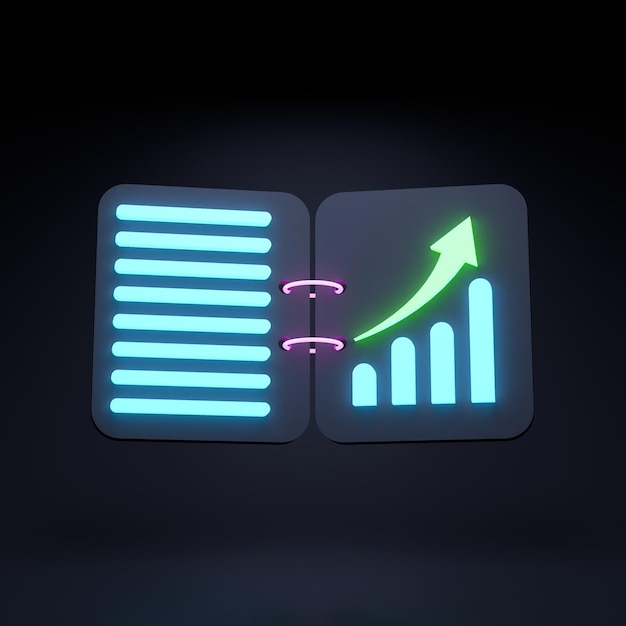 Histogama-Symbol Einkommenswachstumskonzept Neon-Element auf schwarzem Hintergrund 3D-Darstellung