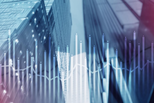 Histograma e gráfico econômico de linhas de instrumentos financeiros na metrópole moderna Setas para cima e para baixo