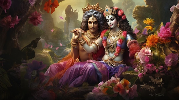 Historia de amor divino de los dioses hindúes Radha y Krishna imagen arte generado por IA