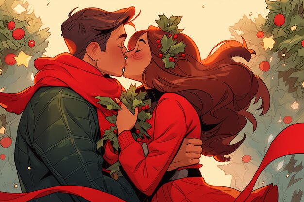 Historia de amor festiva de Navidad El romance caprichoso de una pareja de dibujos animados