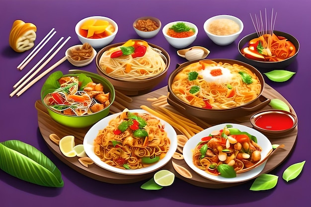 Historia de comida tailandesa establece ilustración vectorial Cocina tradicional asiática de tailandia almohadilla picante thai tom yum y diseño de rollitos de primavera Cena comida con arroz pegajoso vegetal con mango som tam