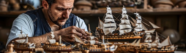 Foto história da crafting foto imagem realista de um homem construindo modelos de navios mostrando paciência precisio