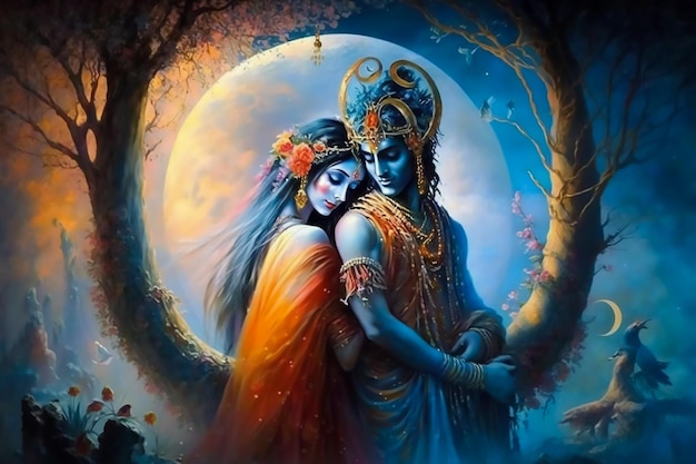 História de amor divino dos deuses hindus Radha e Krishna através de uma arte contemporânea