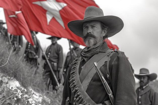 Foto história e memorial da guerra revolucionária do texas bandeira do oeste selvagem e símbolo do cowboy ocidental.