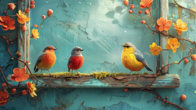 Historia infantil Arte digital CG Ilustración conceptual Tarjeta de felicitación Estilo de dibujos animados realista Fondo Aves en el árbol frente a la ventana de la casa Tiempo de primavera