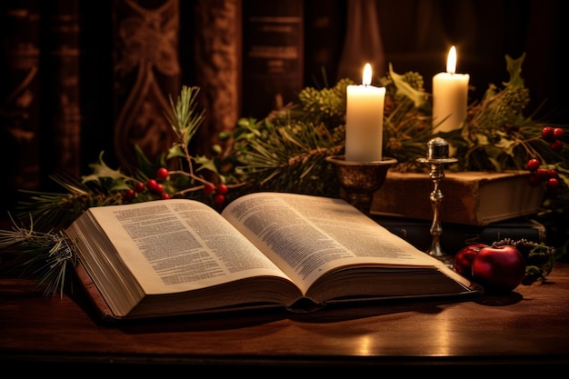 La historia de Navidad revelada en una Biblia abierta en medio de decoraciones festivas y suaves velas