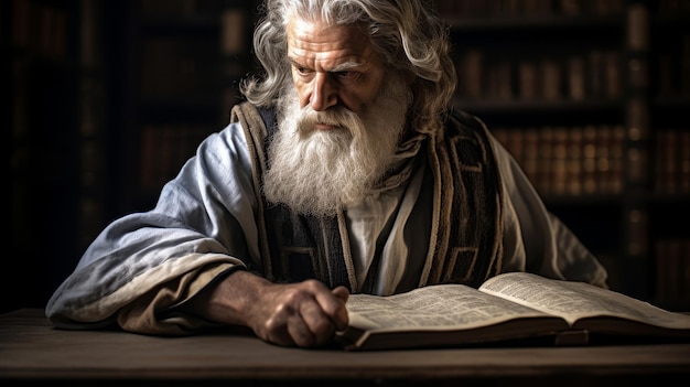 Historiador grego antigo em uma biblioteca cheia de pergaminhos, toga adornada com cenas históricas