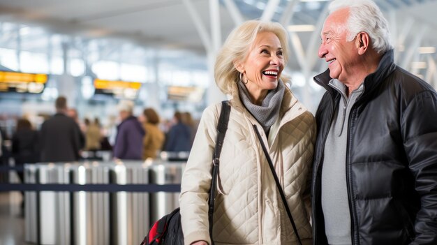 Historias de amor eternas en el aeropuerto muestran a parejas mayores compartiendo tiernos momentos mientras leen libros, toman café o caminan de la mano antes de un vuelo.