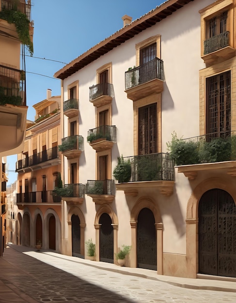 Foto una histórica calle española con ornamentados protectores solares de hierro forjado