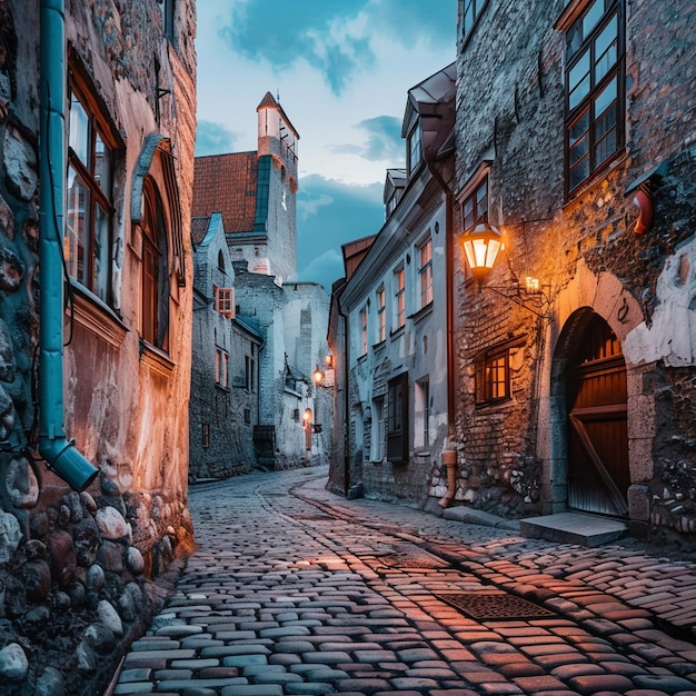 La histórica calle medieval de adoquines en el casco antiguo de Tallin al anochecer