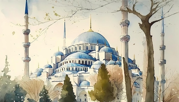 Histórica Mezquita Azul en Estambul acuarela arte digital ilustración generativa AI