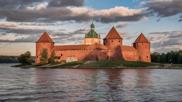 Foto el histórico castillo de trakai en lituania cerca del lago bajo el hermoso cielo nublado