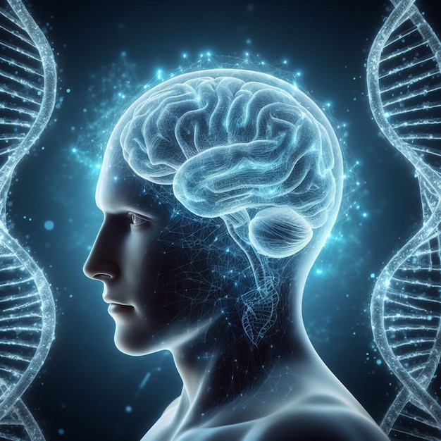 Histórico médico 3D com cabeça e cérebro masculino luminosos em fios de DNA