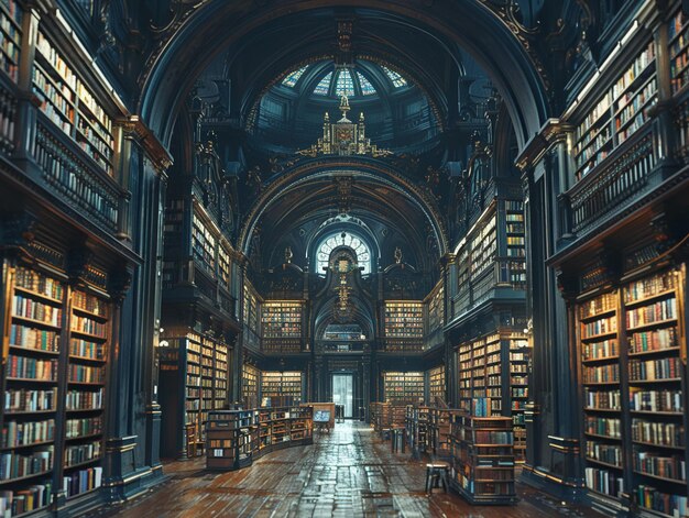 Historische Bibliothek mit Studenten, die sich im Studium und im Denken verlieren