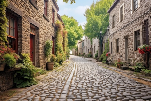 Historische Dorfpflasterstraße, die mit steinernen Mauern gesäumt ist