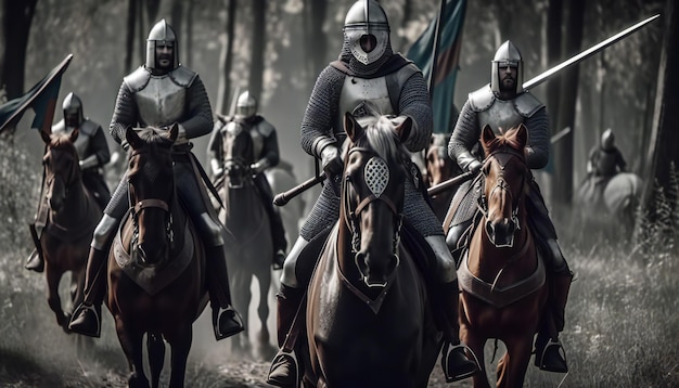 Historische mittelalterliche Kampfnachbildung mit filmischer Beleuchtung, Soldaten auf Pferden, Rittern, generative KI