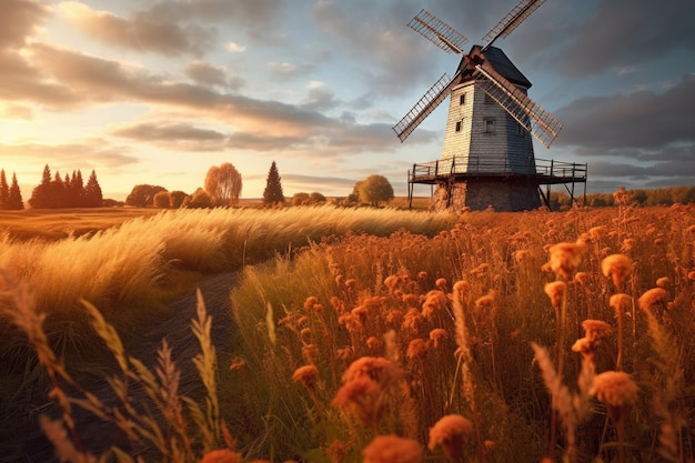 Foto historische windmühle zwischen goldenen weizenfeldern, erstellt mit generativer ki