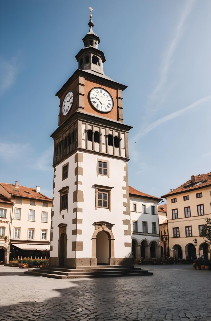 Historischer Uhrturm auf einem europäischen Stadtplatz
