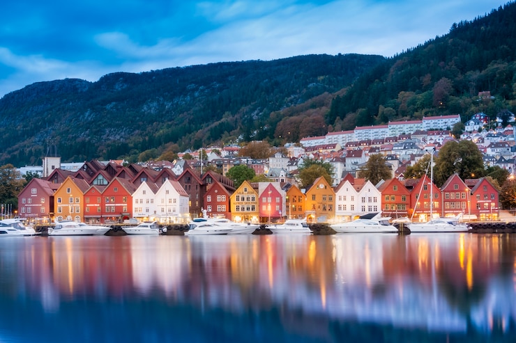 Foto historisches gebäude von bergen am morgen, unesco-weltkulturerbe