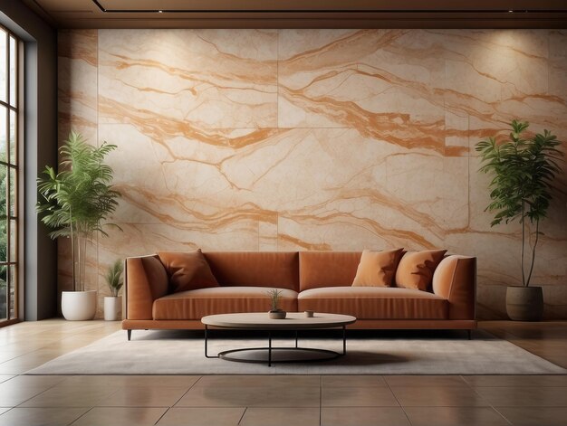 Hite-Sofa gegen Terrakotta-Marmor-Steinpanel-Wand mit Kopierraum Minimalistisches Innenraum