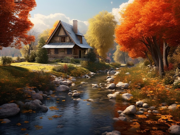 Hito rural de otoño con río de arce y casa.