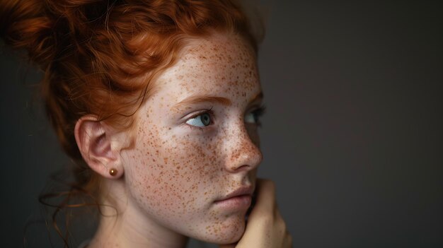 Hmm, lass mich nachdenken. Studio-Aufnahme eines niedlichen rothaarigen Mädchens mit haarknoten und Freckles.