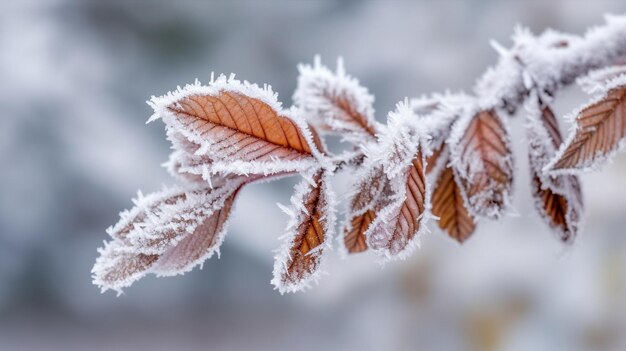 hoarfrost en las hojas en la nieve en el jardín de invierno