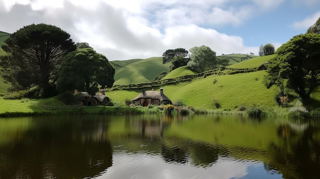 Hobbit casas en el lago en amanecer generativo ai