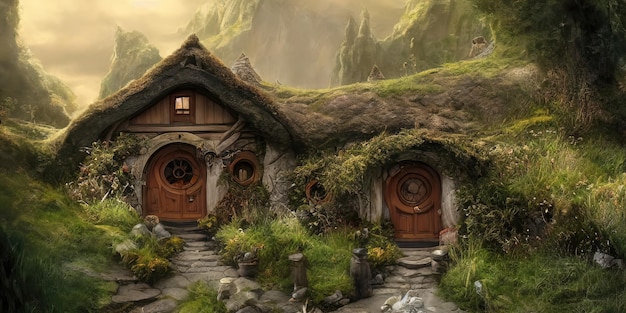 Hobbit casas de pueblo con puertas y ventanas redondas Los techos de las casas están cubiertos de hierba Mundo del Señor de los Anillos 3d ilustración