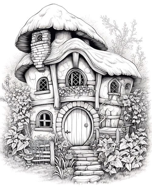 Hobbit Cottage em jardim Ilustração para colorir