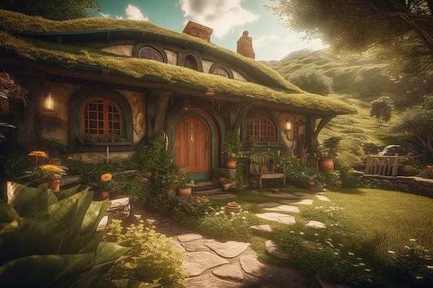 Hobbit-Haus sonniger Tag Generieren Sie KI