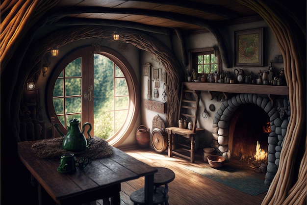 Hobbit-Hausinnenraum innerhalb der Fantasie-Holzhütte im Wald generative KI