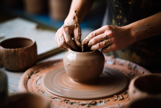 Hobby fazendo vasos de barro de maneira tradicional por um oleiro