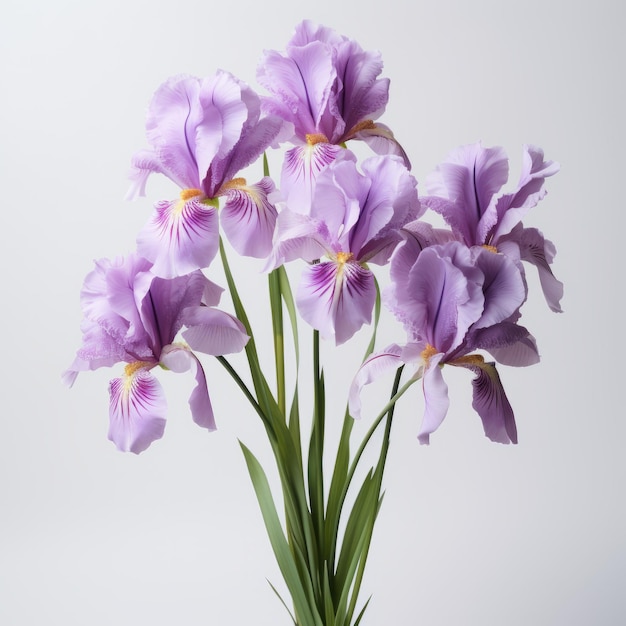 Hoch auflösende kommerzielle Fotografie von lila Irisblumen auf weißem Tisch