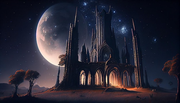 Hoch aufragende Kathedrale der magischen gotischen Schule mit Mond Generative ai Illustration