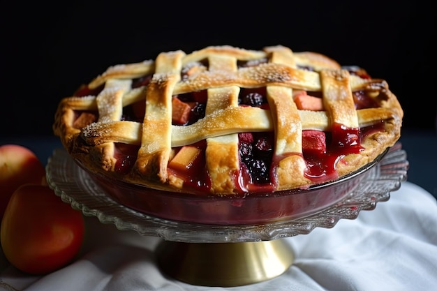 Hoch aufragender Obstkuchen mit Gitteroberteil und saftiger Fruchtfüllung, hergestellt mit generativer KI