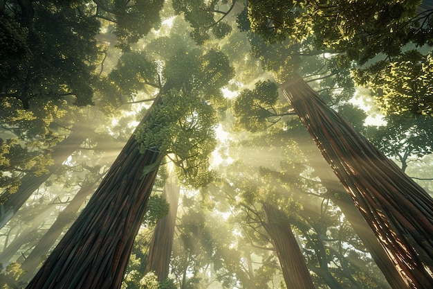 Hoch aufragender Redwood-Wald mit Sonnenlichtfilterung