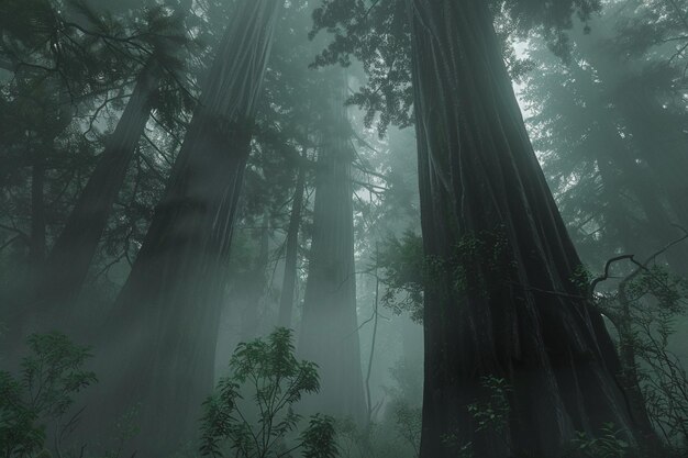 Hoch stehende Redwoodbäume in einem nebligen Wald