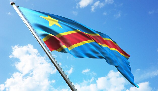 Hochauflösende 3D-Darstellung der Flagge der Demokratischen Republik Kongo mit blauem Himmelshintergrund