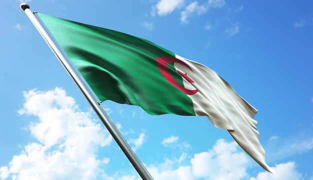 Hochauflösende 3D-Rendering-Darstellung der Algerien-Flagge mit blauem Himmelshintergrund