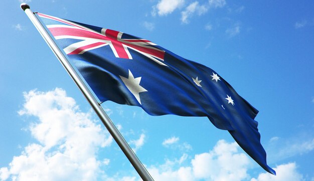 Hochauflösende 3D-Rendering-Darstellung der australischen Flagge mit blauem Himmelshintergrund