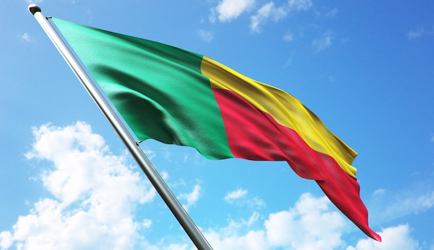 Hochauflösende 3D-Rendering-Darstellung der Benin-Flagge mit blauem Himmelshintergrund