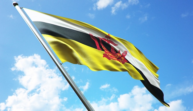 Hochauflösende 3D-Rendering-Darstellung der Brunei-Flagge mit blauem Himmelshintergrund