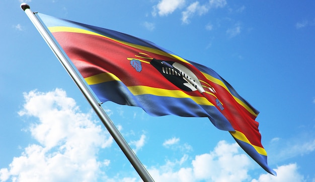 Hochauflösende 3D-Rendering-Darstellung der Eswatini-Flagge mit blauem Himmelshintergrund