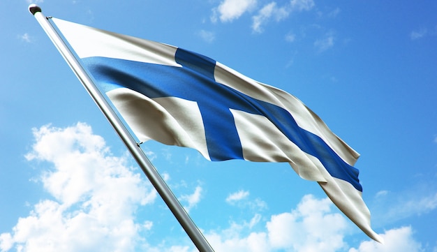 Hochauflösende 3D-Rendering-Darstellung der Finnland-Flagge mit blauem Himmelshintergrund